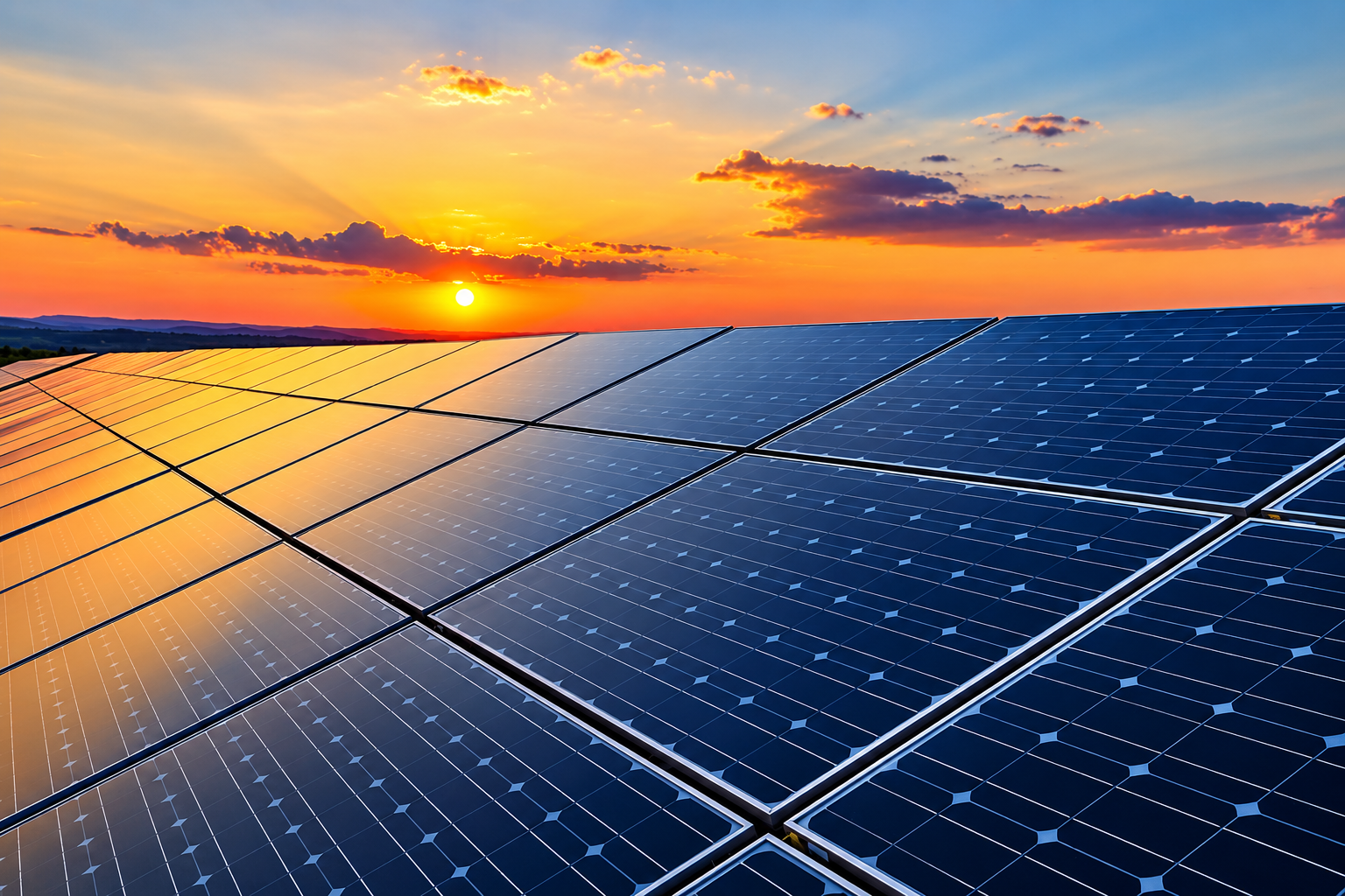 Solar panels at sunset